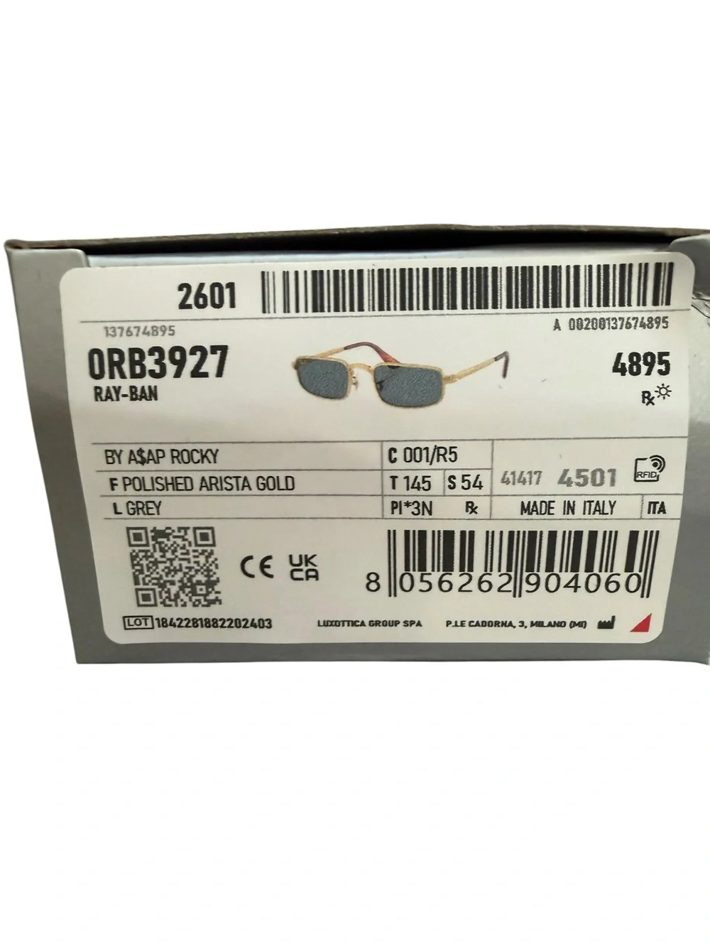 NIB Ray-Ban x A$AP Rocky Polished Arista Gold Frames Grey Lens